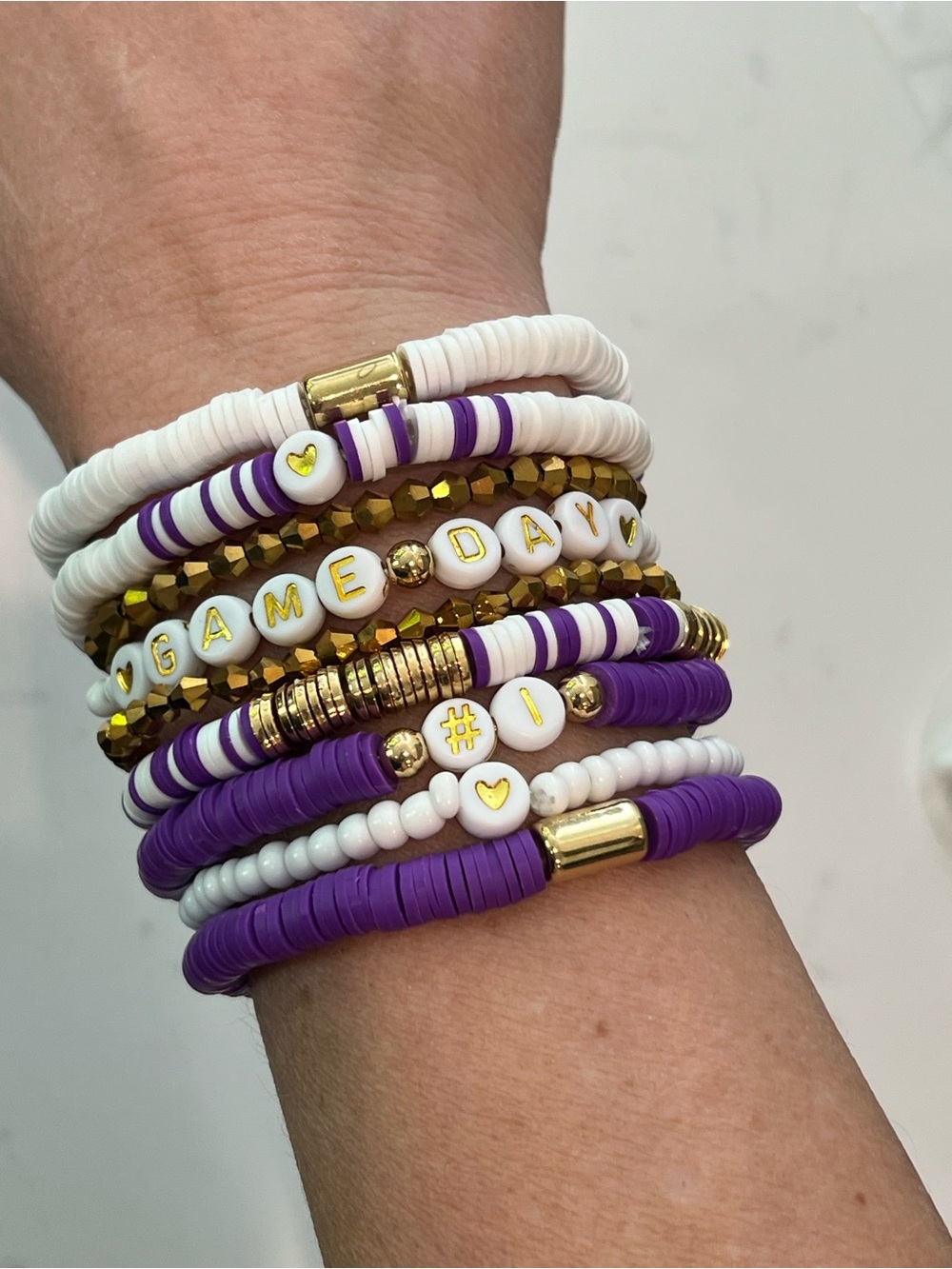 Purple White GAMEDAY Beaded Stretch Bracelet 9pc stack Gold Accents LSU Vikings